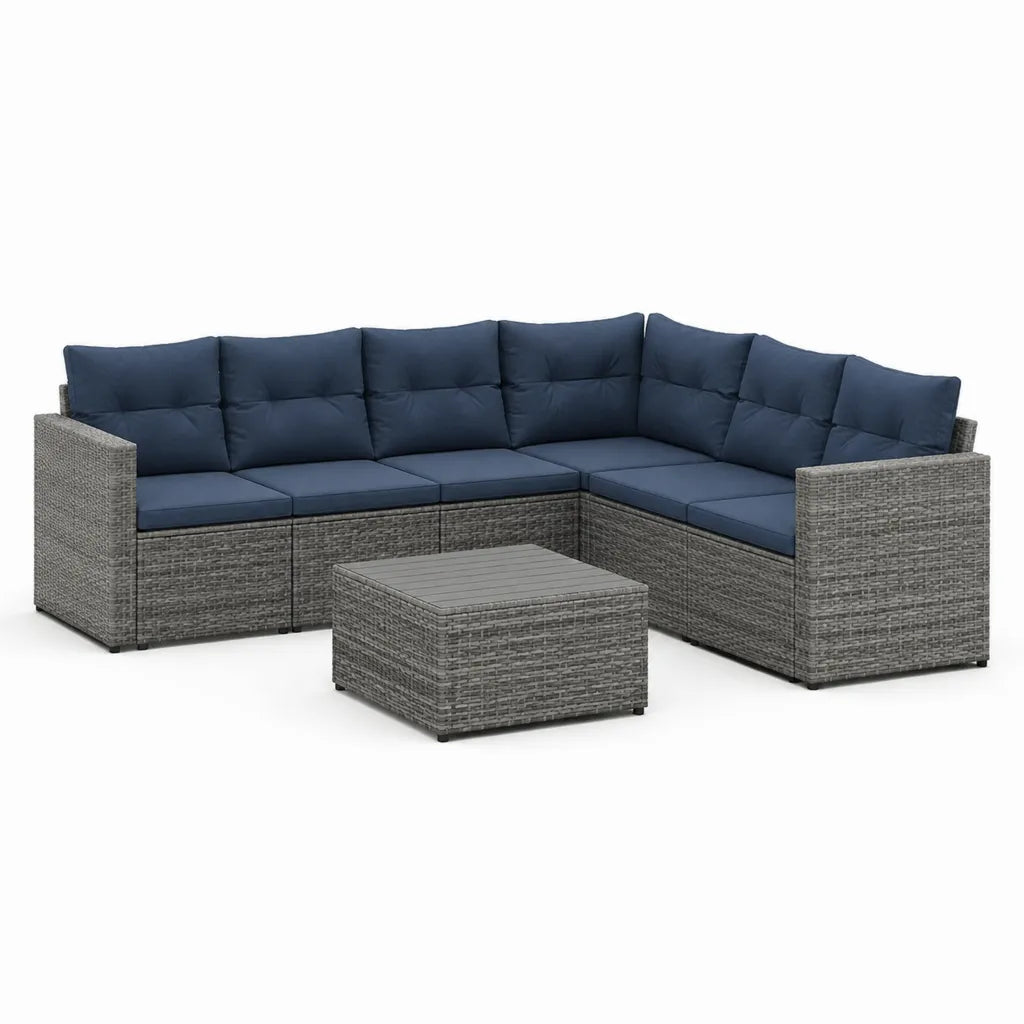 Gartenlounge Ecksofa 5-Sitzer Set 6-teilig mit Couchtisch PE-Rattan Stahl L-Form Grau Dunkelblau 210 x 210 x 63 cm