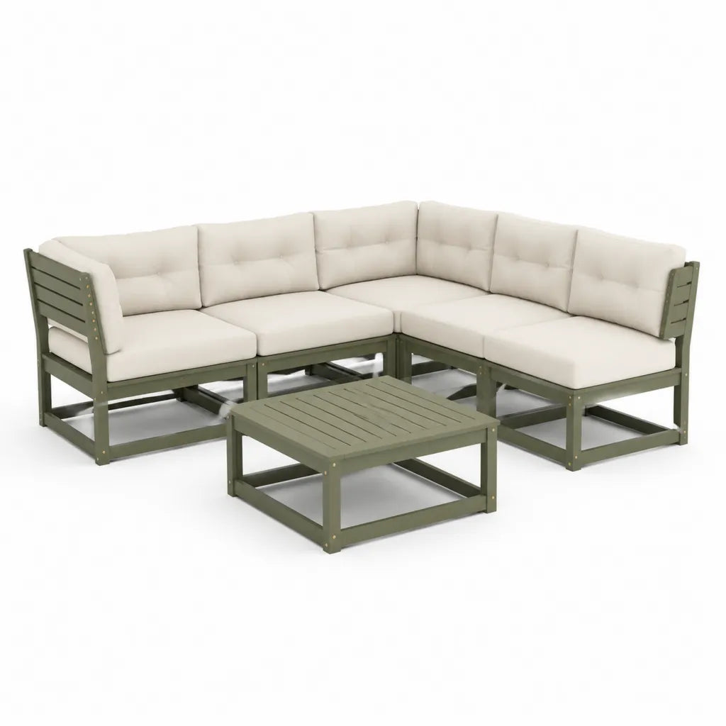 Gartenlounge Ecksofa Set 4-teilig aus Akazienholz L-Form Dunkelgrün Creme 196 x 196 x 70 cm