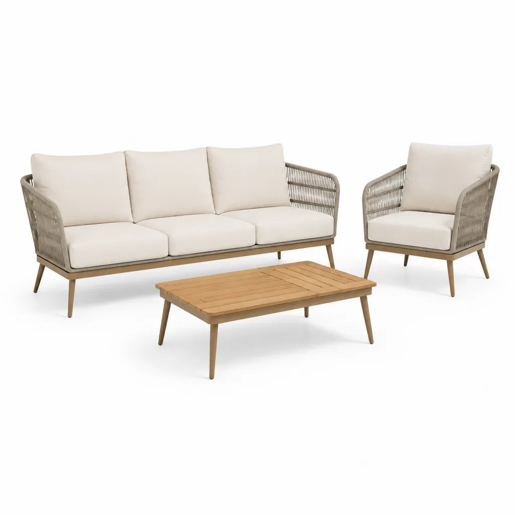 Gartenlounge Set 3-teilig mit 3-Sitzer Sofa Sessel und rechteckigem Tisch aus Akazien-Massivholz PP-Seilgeflecht Beige Naturbraun Sofa 196 x 78 x 78 cm