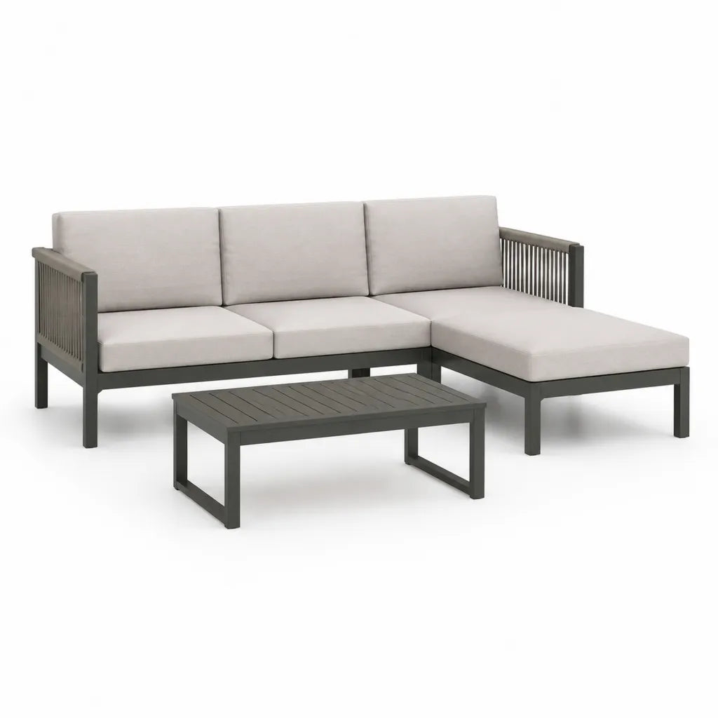 Garten-Loungeset Ecksofa mit Couchtisch 3-teilig Aluminium Polyester L-Form Beige Anthrazit 195 x 145 x 68 cm