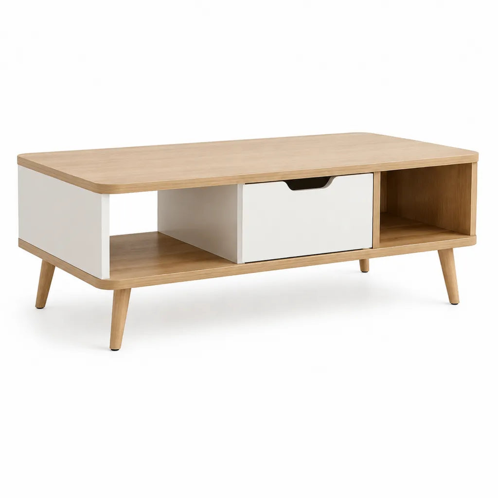 Couchtisch mit Schublade und Ablagefächern 100 x 50 x 45 cm MDF Rechteckig Natur Weiß