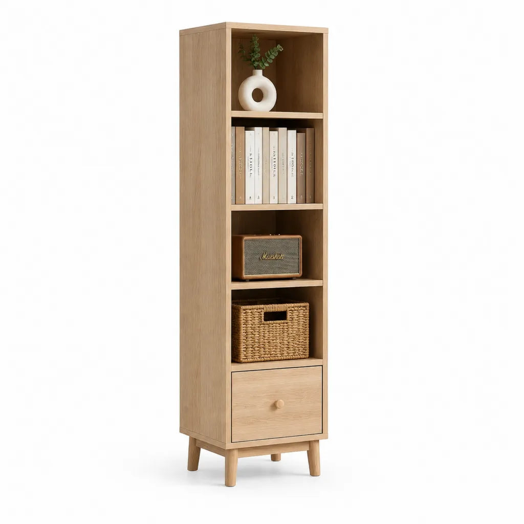 Hohes Bücherregal mit Schublade 180 x 45 x 35 cm aus MDF in Eichenoptik Natur