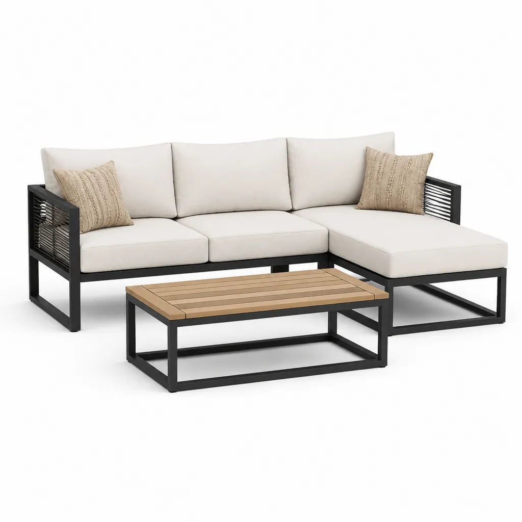 Gartenlounge Set Ecksofa mit Couchtisch 220 x 150 x 65 cm und 110 x 60 x 45 cm Stahl Polyester rechteckig Schwarz Creme