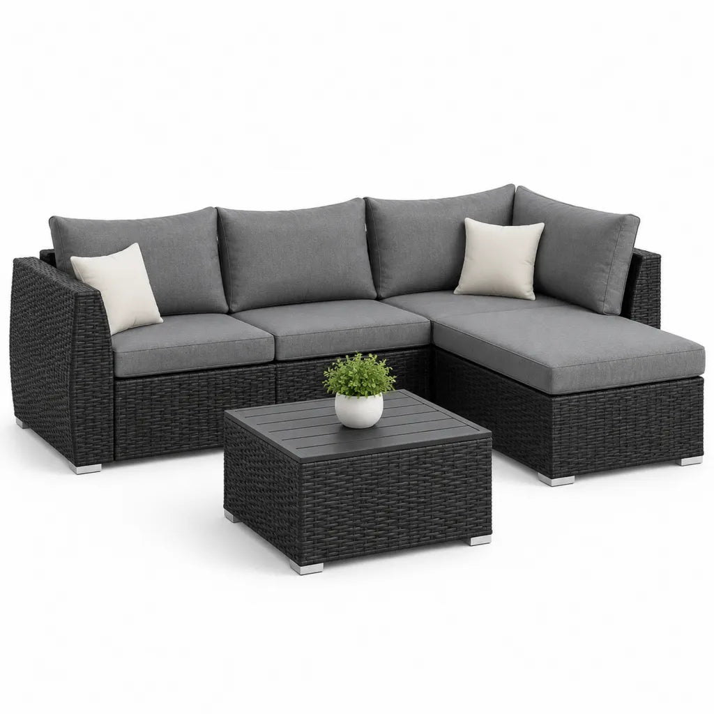 Gartenlounge Set aus PE-Polyrattan in L-Form Schwarz Grau 221 x 151 x 83 cm