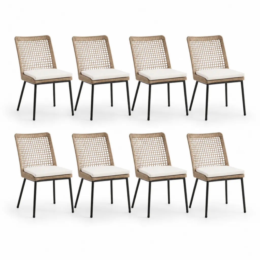 8er Set Gartenstühle mit Sitzkissen PE-Rattan Stahlgestell rechteckig Natur Schwarz 45 x 58 x 88 cm