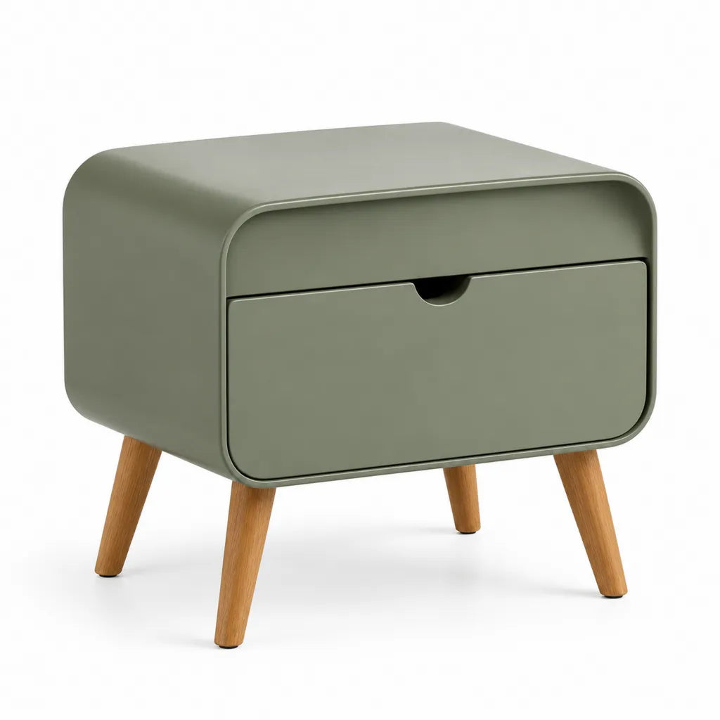 Nachttisch mit Schublade 60 x 40 x 50 cm MDF Gummibaum-Massivholz abgerundet Salbeigrün Natur
