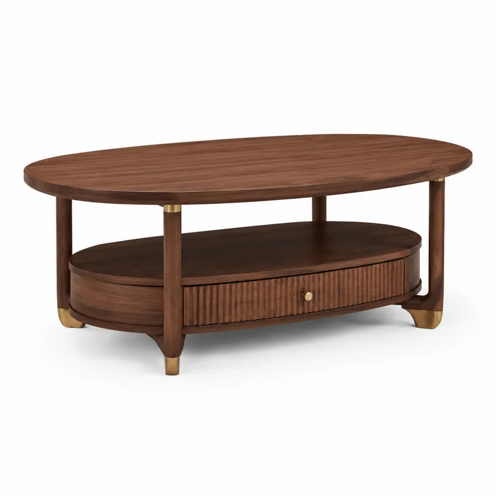 Couchtisch mit Schublade und Ablage MDF mit Walnussfurnier oval Braun Gold 120 x 60 x 45 cm