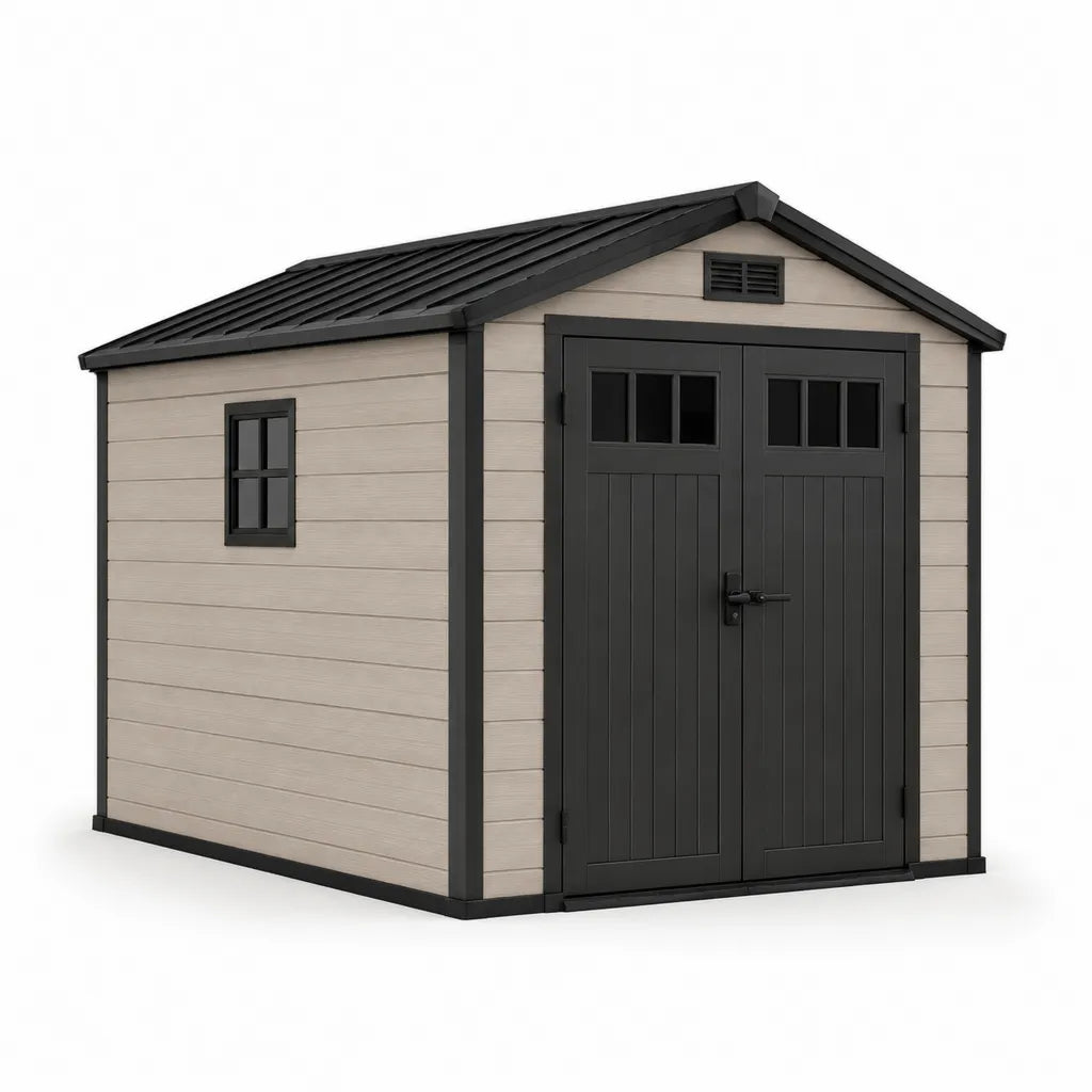 Kunststoff Gartenhaus mit Satteldach Doppeltür Fenstern 213 x 213 x 227 cm HDPE PP Beige Anthrazit