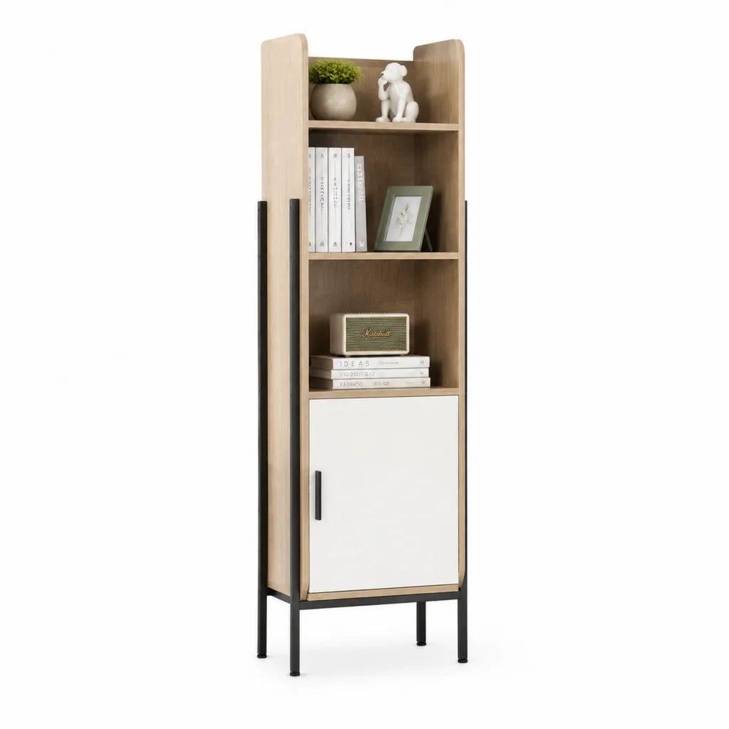 Bücherregal mit Tür 50 x 35 x 180 cm aus Spanplatte und Stahl rechteckig Eiche Weiß Schwarz