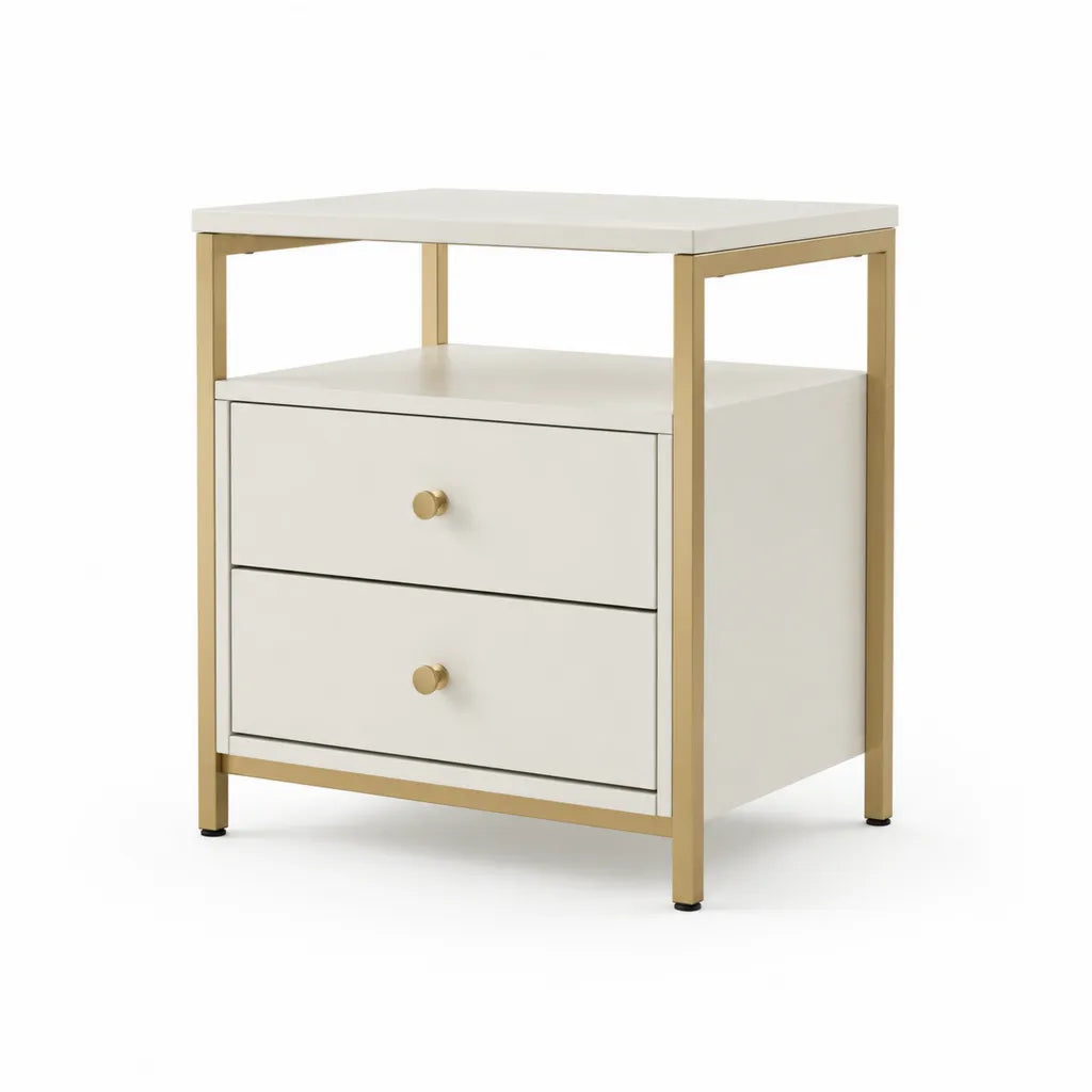 Nachttisch mit 2 Schubladen rechteckig 50 x 40 x 60 cm MDF Stahl Creme Gold