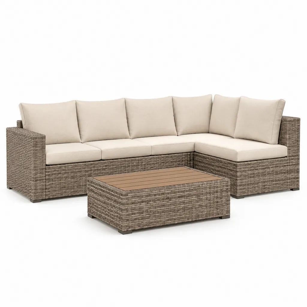 5-Sitzer Gartenlounge Ecksofa Set mit Couchtisch 220 x 160 x 85 cm PE-Rattan rechteckig Taupe Beige