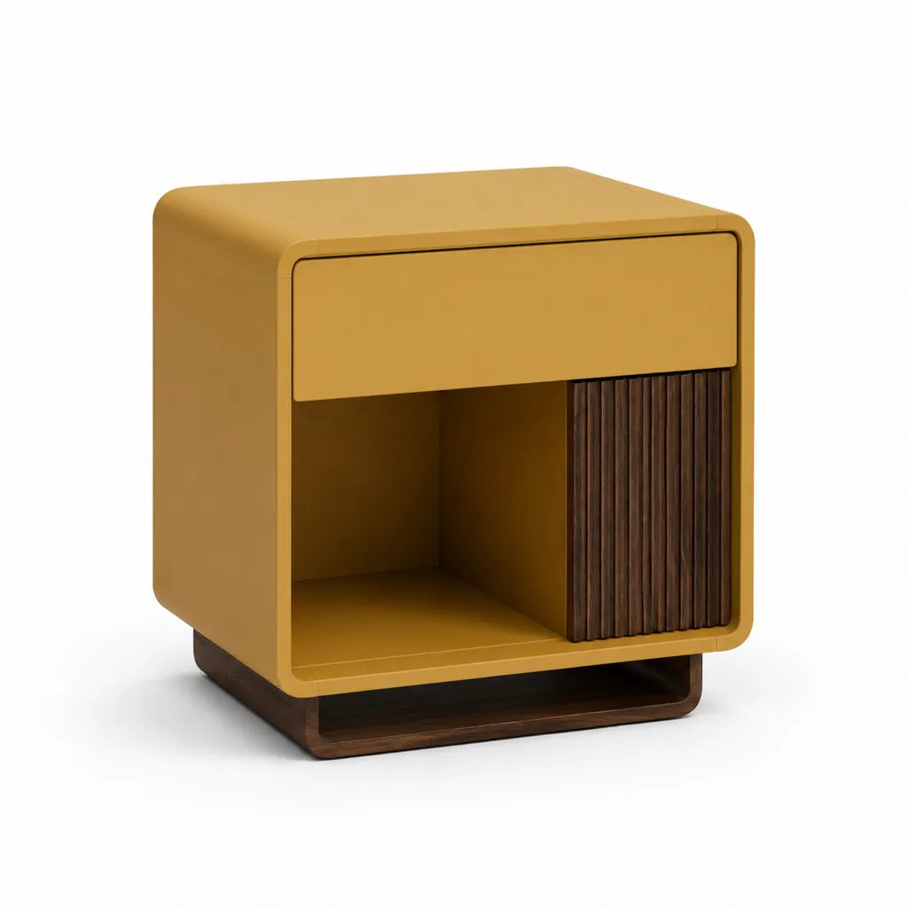 Nachttisch mit Schublade und offenem Fach 45 x 40 x 50 cm MDF Walnussfurnier rechteckig senfgelb dunkelbraun