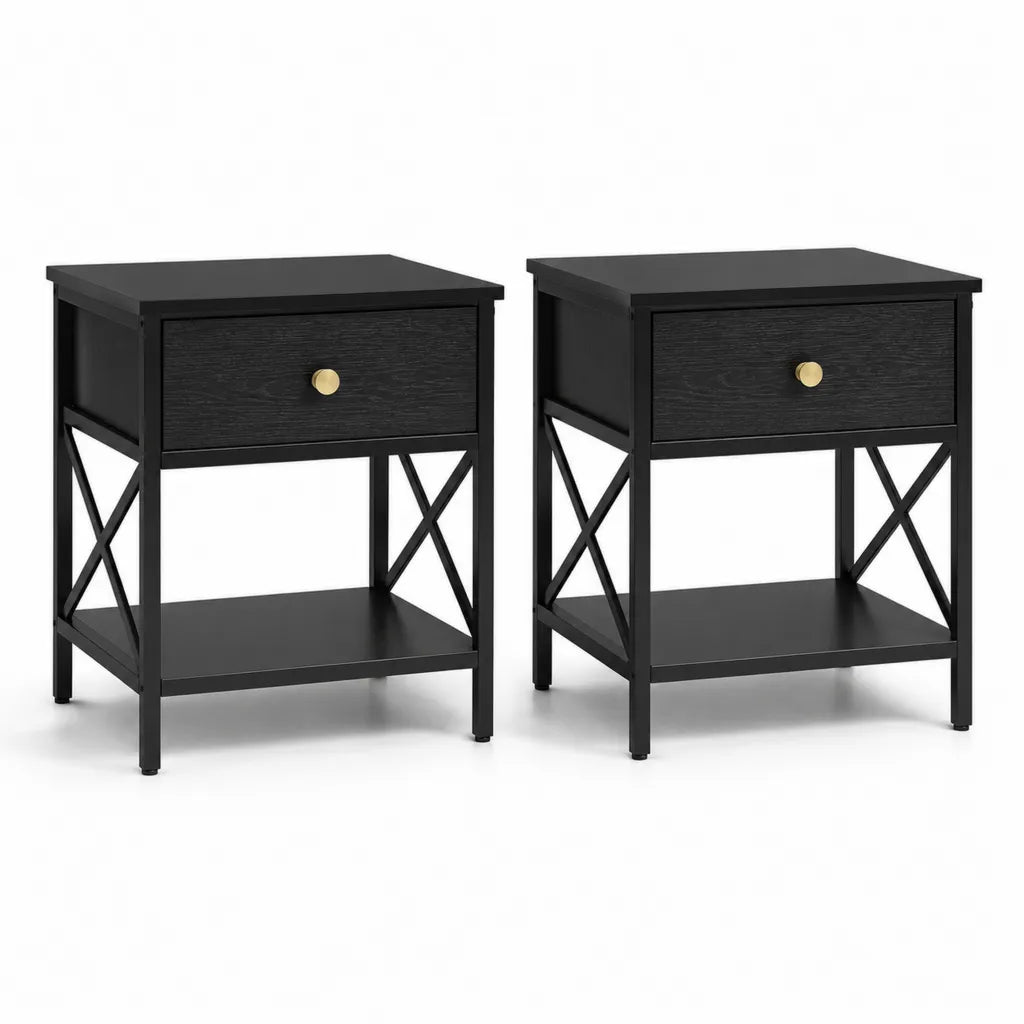 2er Set Nachttische mit Schublade und Ablage 40 x 40 x 60 cm Stahl und MDF rechteckig schwarz