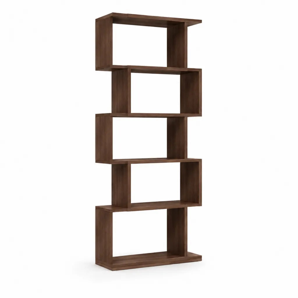 Freistehendes asymmetrisches Bücherregal 60 x 24 x 180 cm aus MDF mit Walnussdekor in Walnussbraun mit 5 offenen Fächern