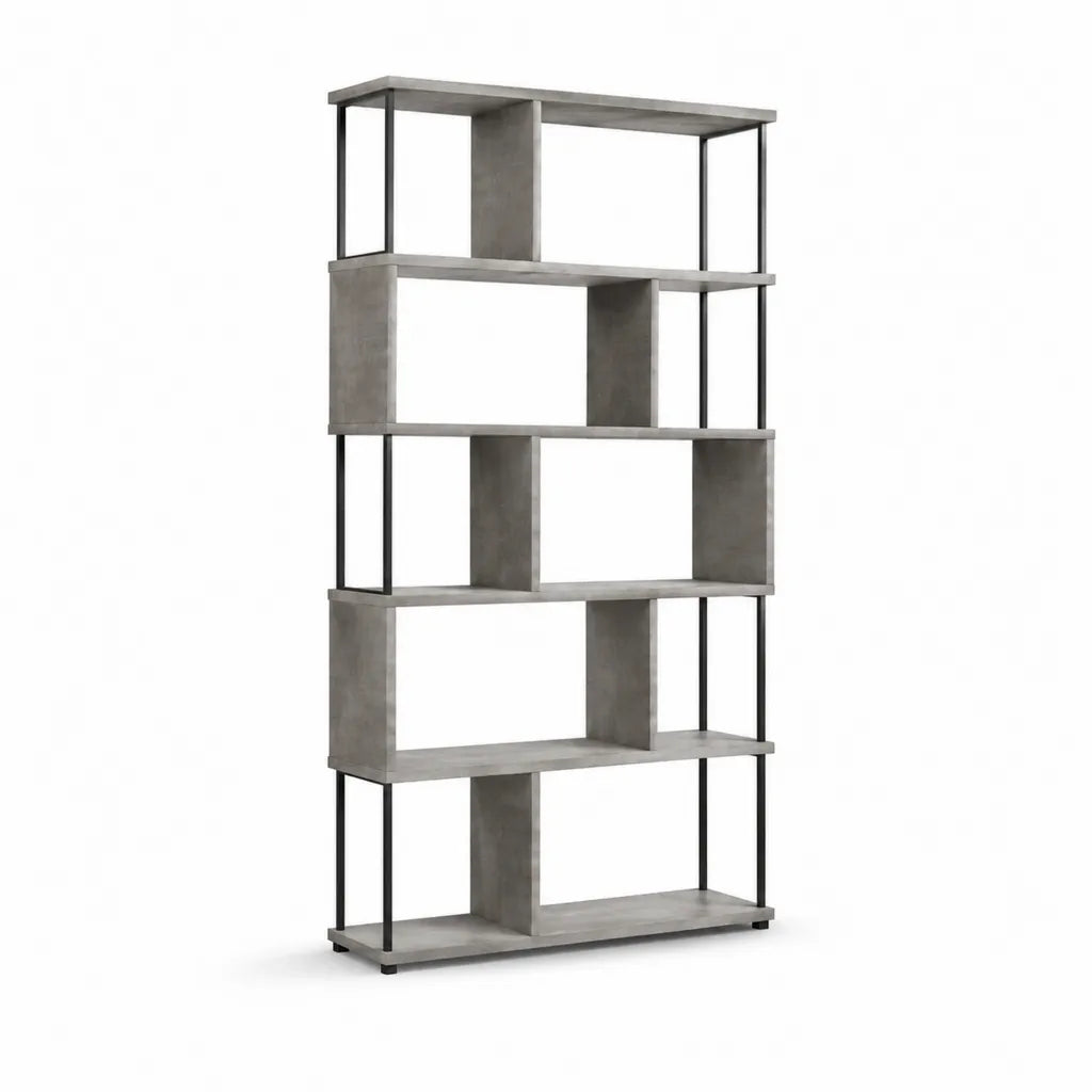 Bücherregal mit 5 offenen Fächern aus MDF und Stahl in Betonoptik Grau 80 x 30 x 180 cm