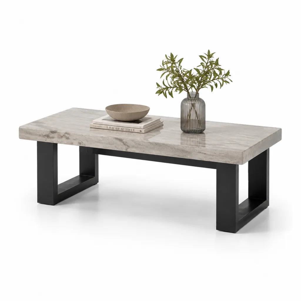 Couchtisch 120 x 60 x 45 cm rechteckig MDF mit PVC-Marmorfolie und Stahlgestell Grau Schwarz