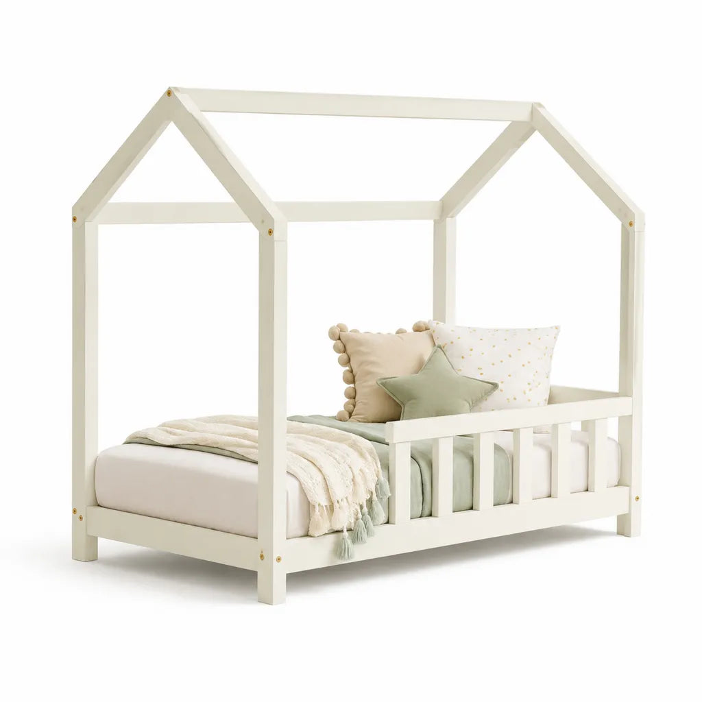Kinderhausbett mit Rausfallschutz aus massivem Kiefernholz Hausform Weiß 90 x 200 cm