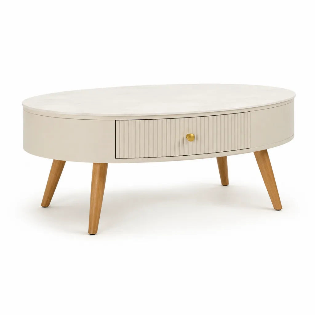 Couchtisch mit Schublade aus MDF und Massivholz oval Weiß Natur 100 x 50 x 45 cm