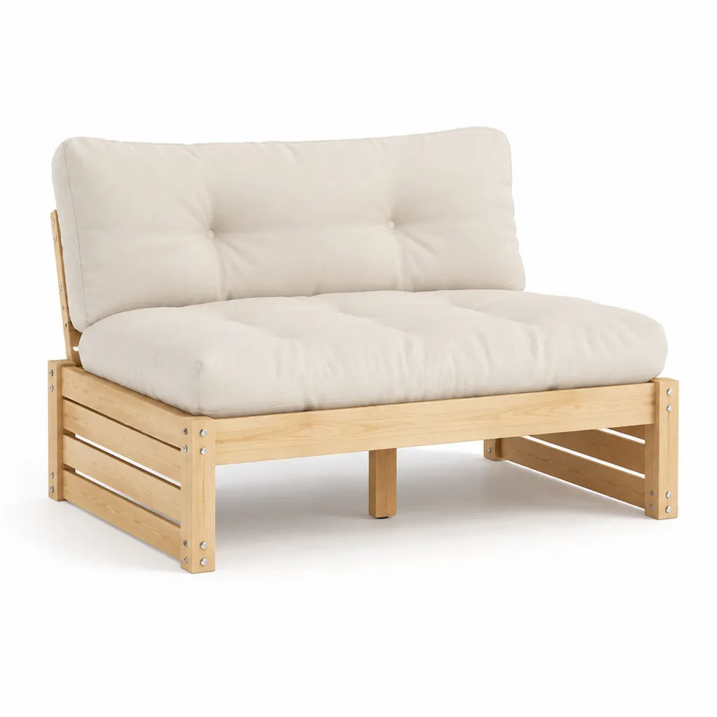 Gartensofa 2-Sitzer aus massivem Kiefernholz mit Polyesterkissen in Natur Creme 120 x 75 x 70 cm