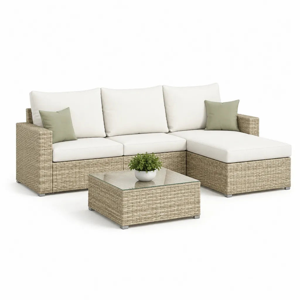 Garten-Lounge-Set mit Ecksofa und Couchtisch 218 x 150 x 64 cm PE-Rattan Aluminium L-Form Beige Cremeweiß