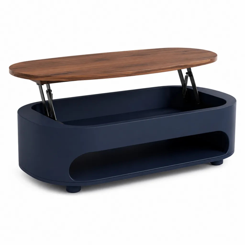 Höhenverstellbarer Couchtisch 100 x 50 x 43 cm aus MDF mit Nussbaumfurnier oval in Dunkelblau