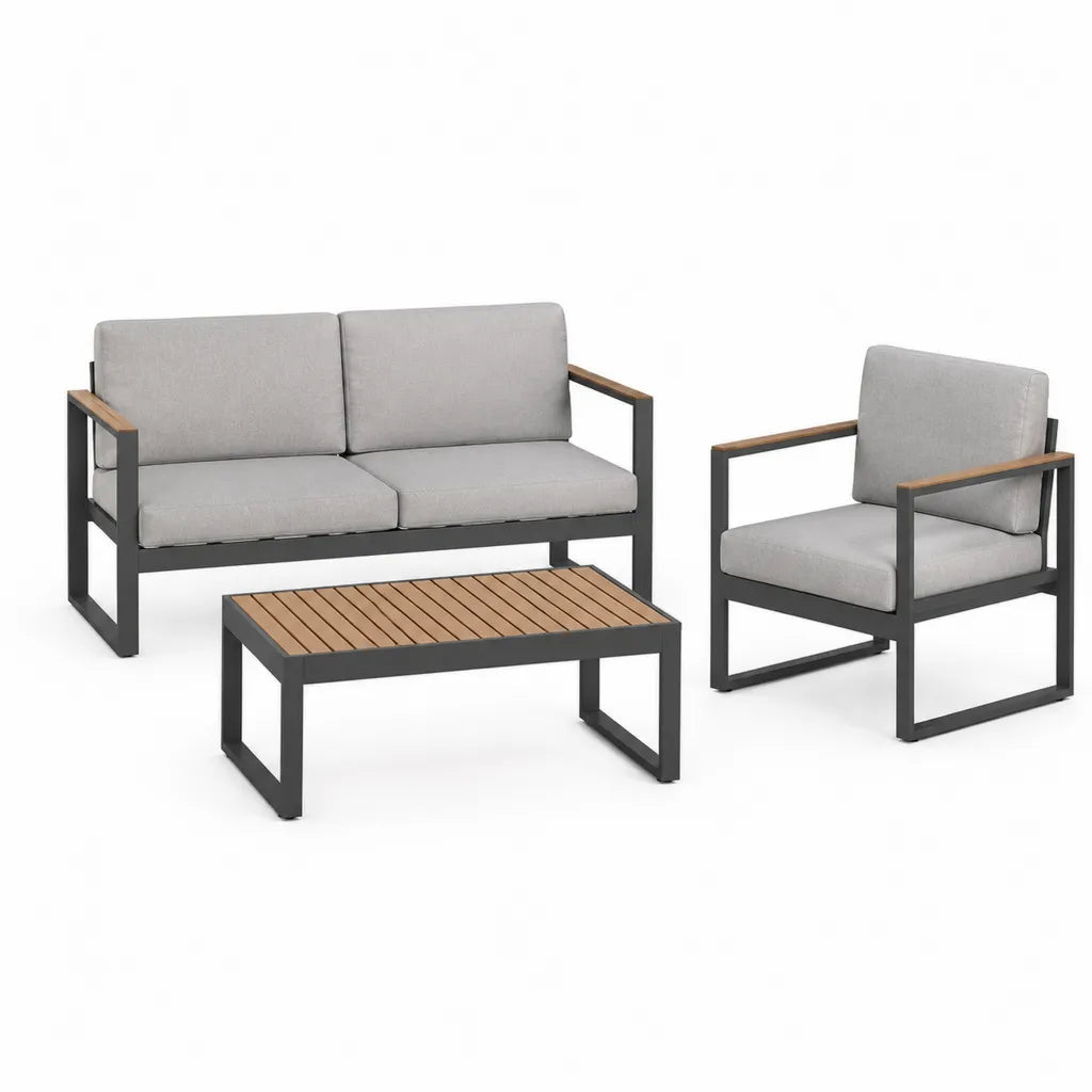 Gartenmöbel-Set mit 2-Sitzer Sofa Sessel und Couchtisch aus pulverbeschichtetem Stahl Akazienholz Grau 123 x 68 x 75 cm