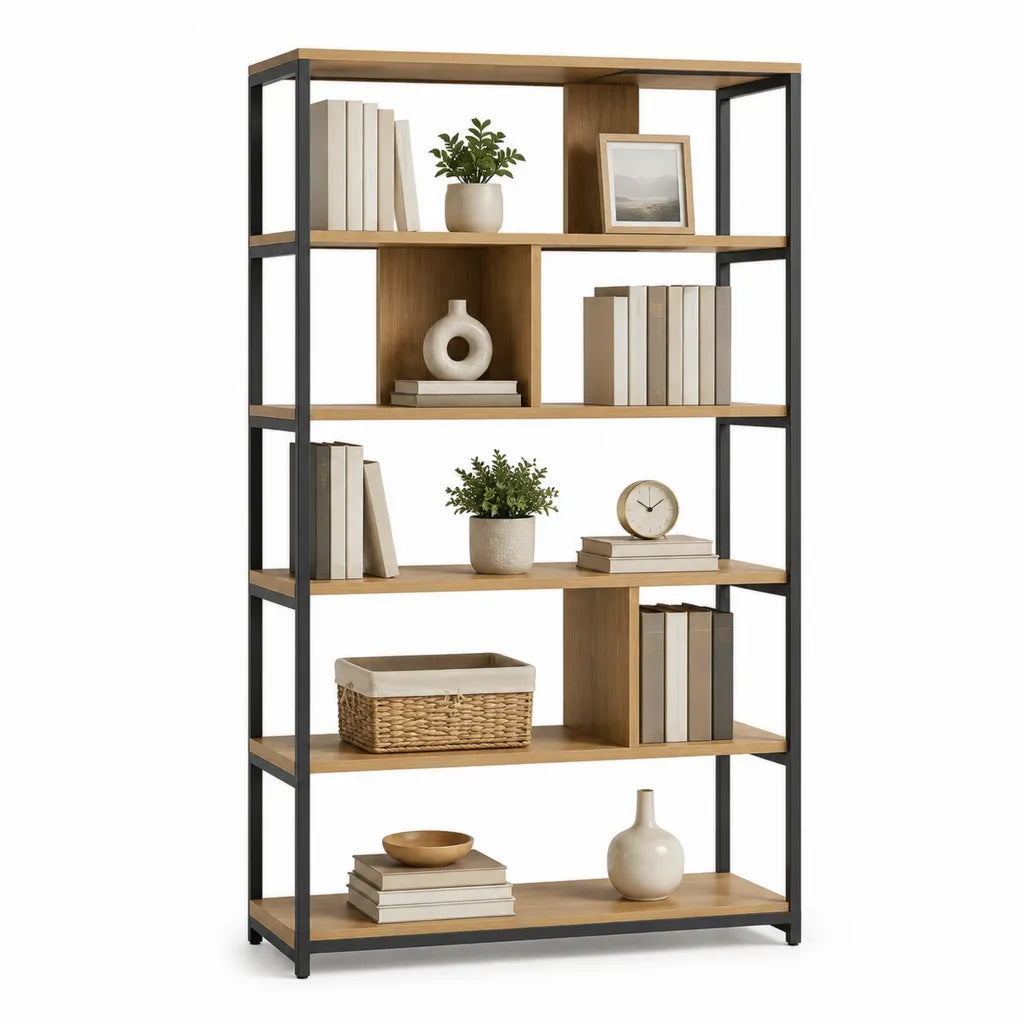 Bücherregal Standregal 80 x 30 x 180 cm Spanplatte Stahl rechteckig Eiche Natur Schwarz