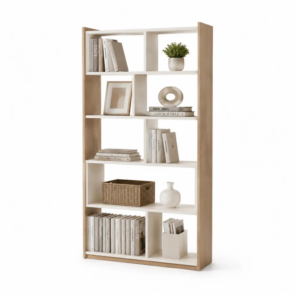 Rechteckiges Bücherregal 80 x 30 x 180 cm mit 9 offenen Fächern aus melaminbeschichteter Spanplatte Weiß Eiche natur