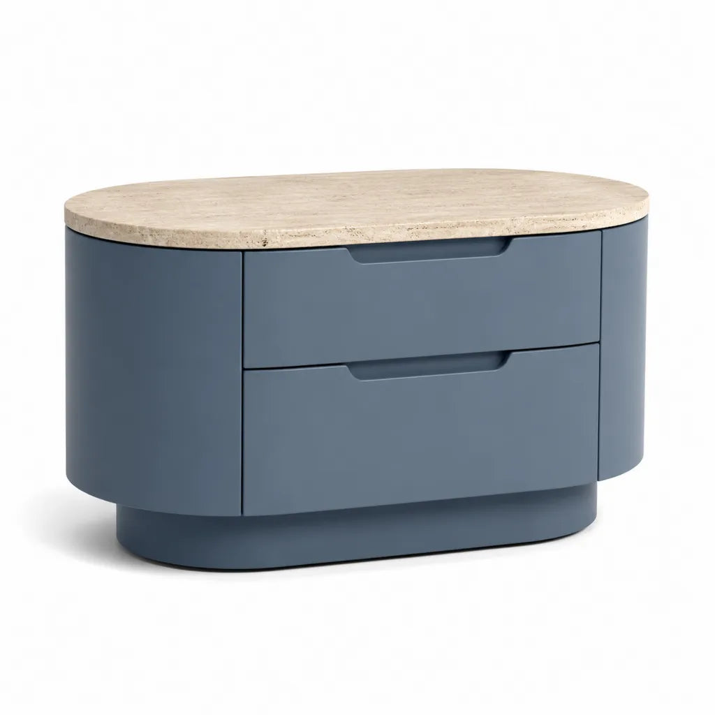 Nachttisch mit 2 Schubladen Travertinplatte oval blau 90 x 45 x 55 cm