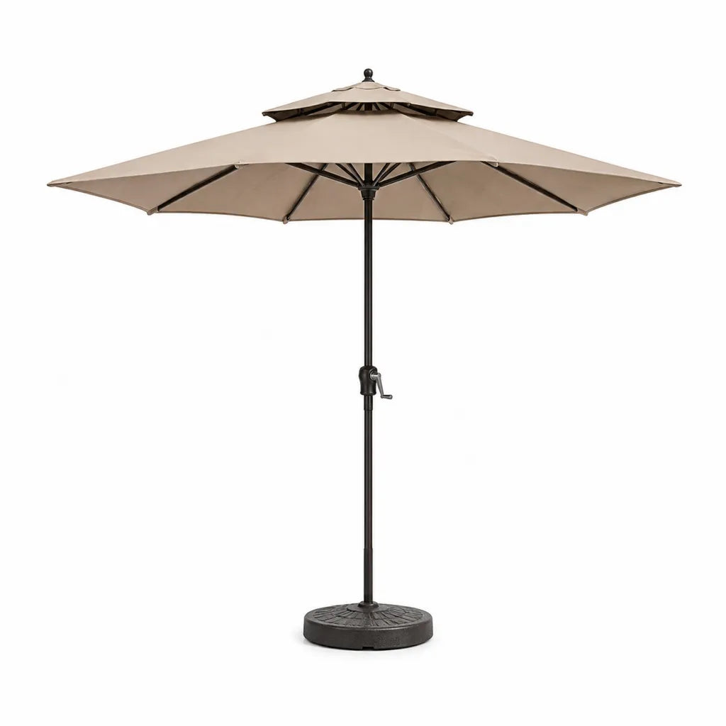Marktschirm mit Kurbel 300 cm Polyester rund Taupe mit Stahlgestell und Schirmständer