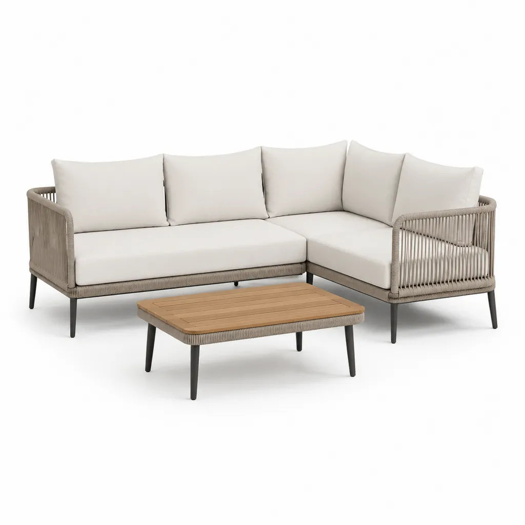 Gartenlounge Ecksofa Set mit Couchtisch 220 x 160 cm Stahl PE-Rattan Akazienholz Beige