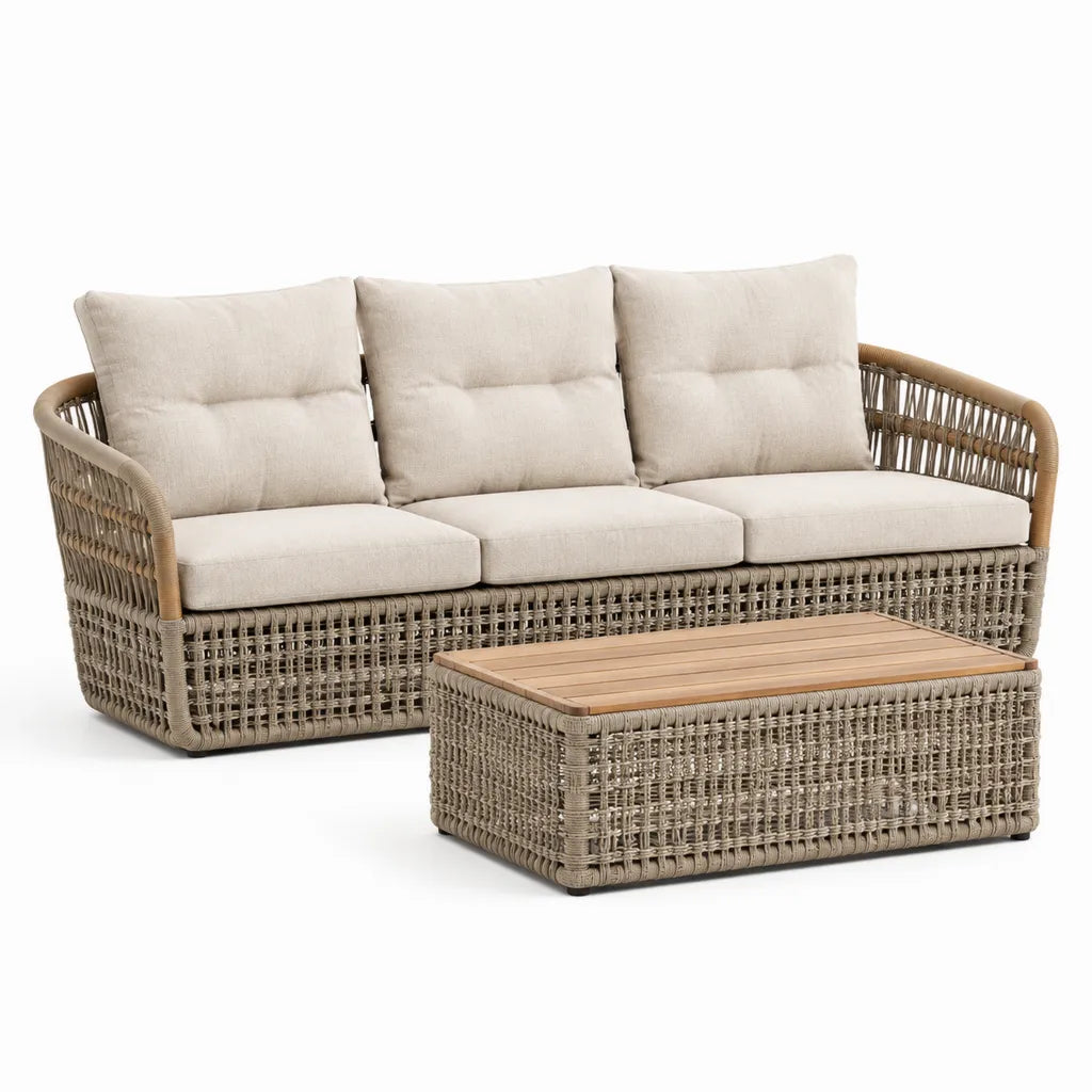 Gartenlounge Set 3-Sitzer Sofa mit Couchtisch Polyrattan Beige 210 x 85 x 82 cm