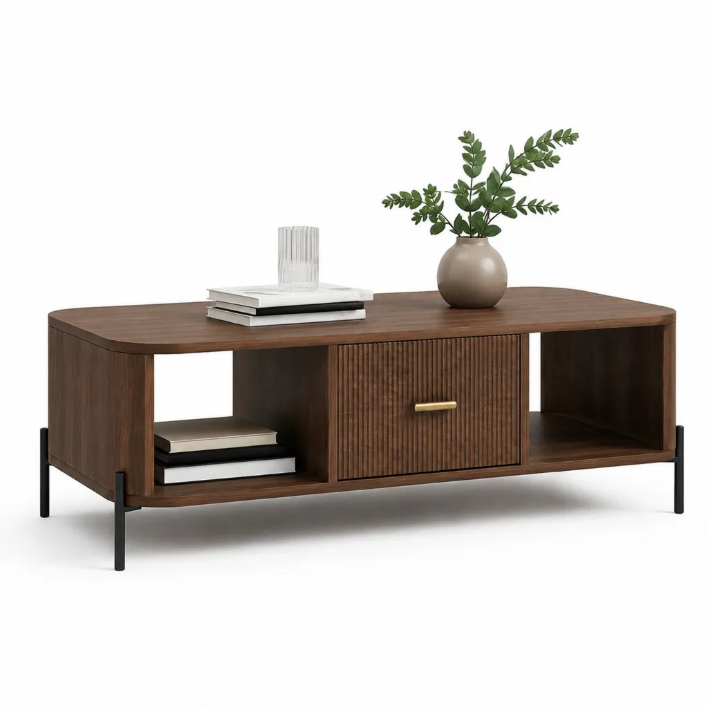 Couchtisch mit Schiebetür und Ablagefächern 120 x 60 x 45 cm MDF mit Walnussfurnier rechteckig Walnussbraun Schwarz