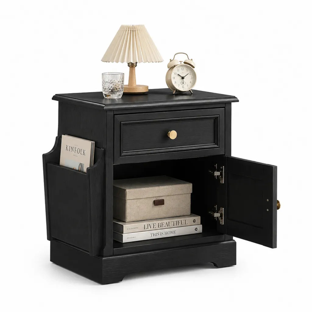 Nachttisch mit Schublade Tür und Zeitschriftenfach aus MDF Schwarz 60 x 40 x 65 cm