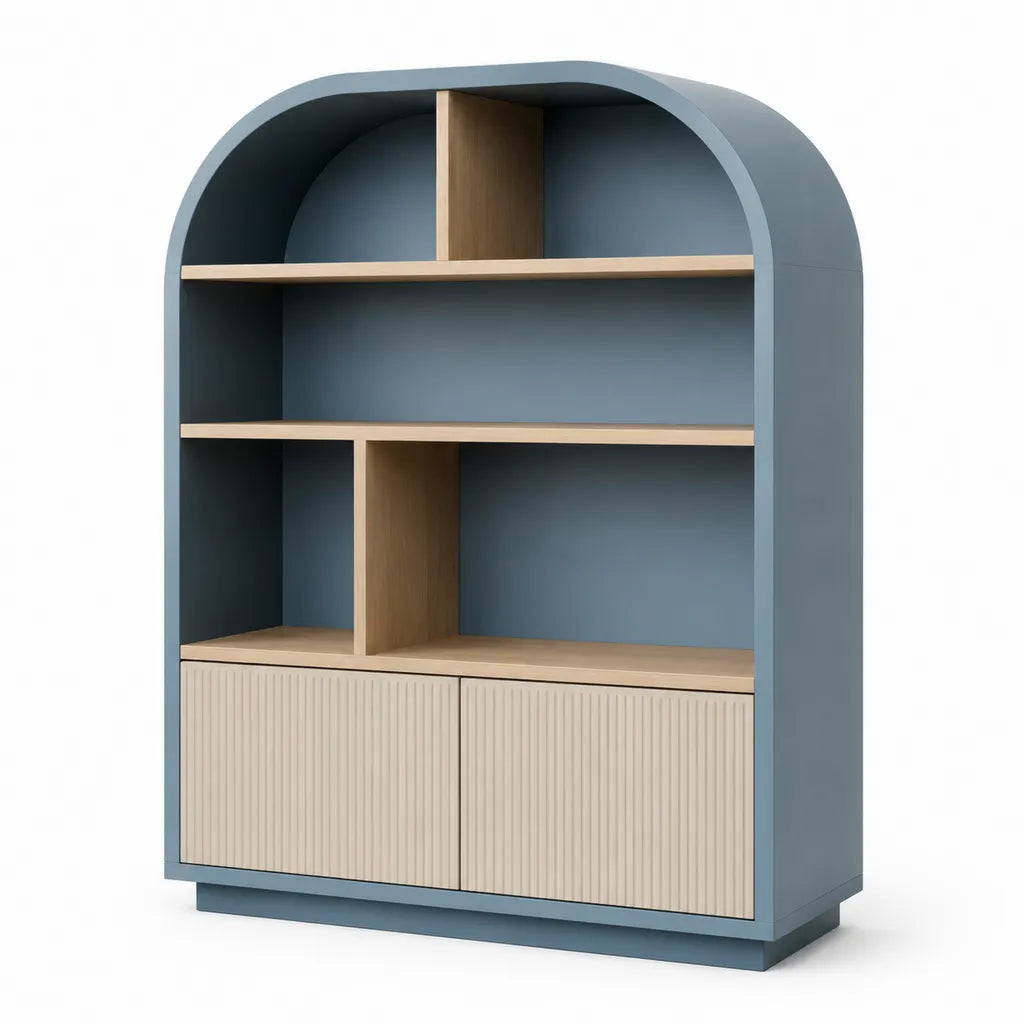 Bücherregal mit Schranktüren aus MDF in Blau Grau und Eicheoptik 100 x 40 x 190 cm