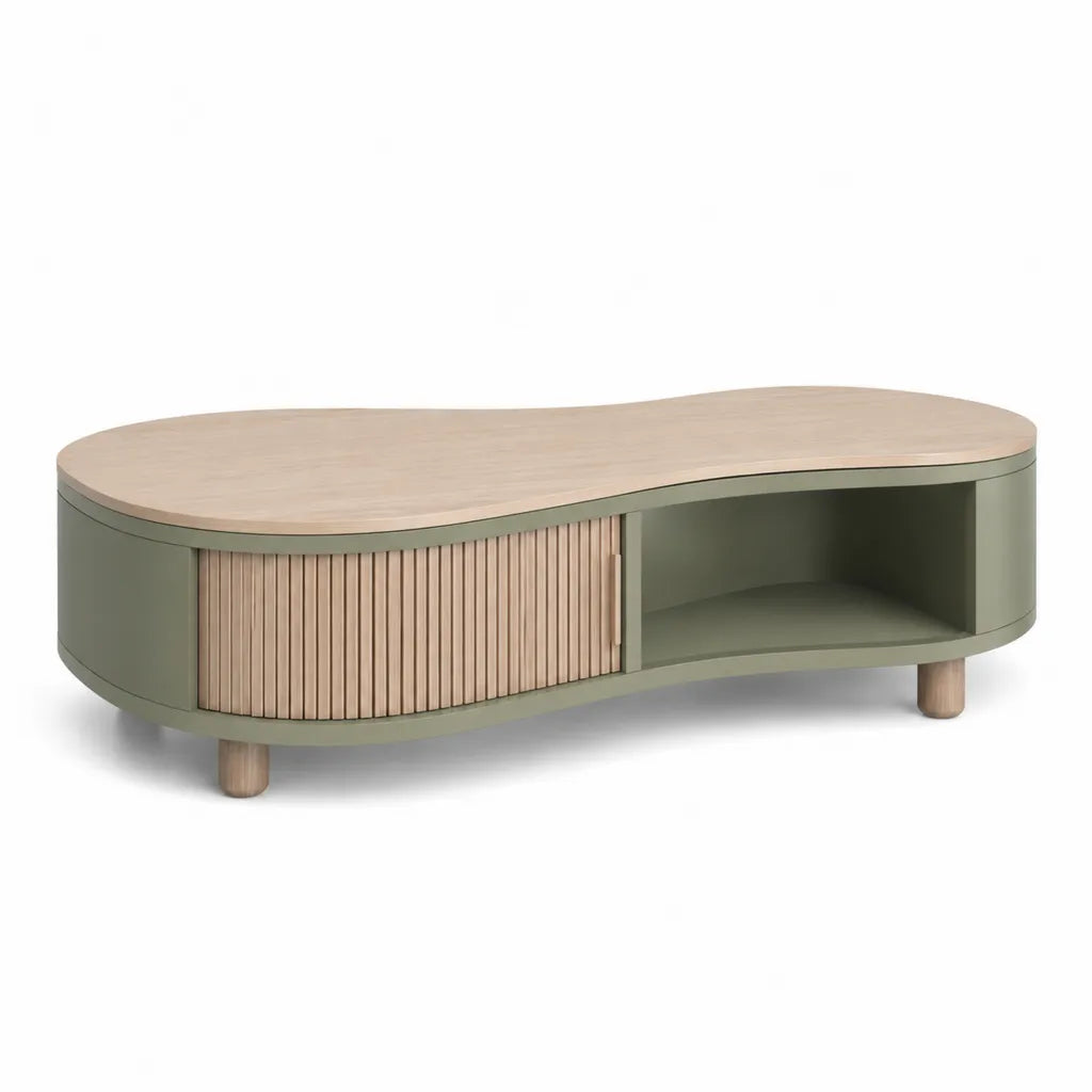 Couchtisch mit Schiebetür und Ablagefach 120 x 60 x 45 cm MDF Eichenfurnier oval Grün Natur