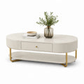 Ovaler Couchtisch 120 x 60 x 45 cm aus MDF und Stahl in Cremeweiß Gold mit Schublade und Ablage
