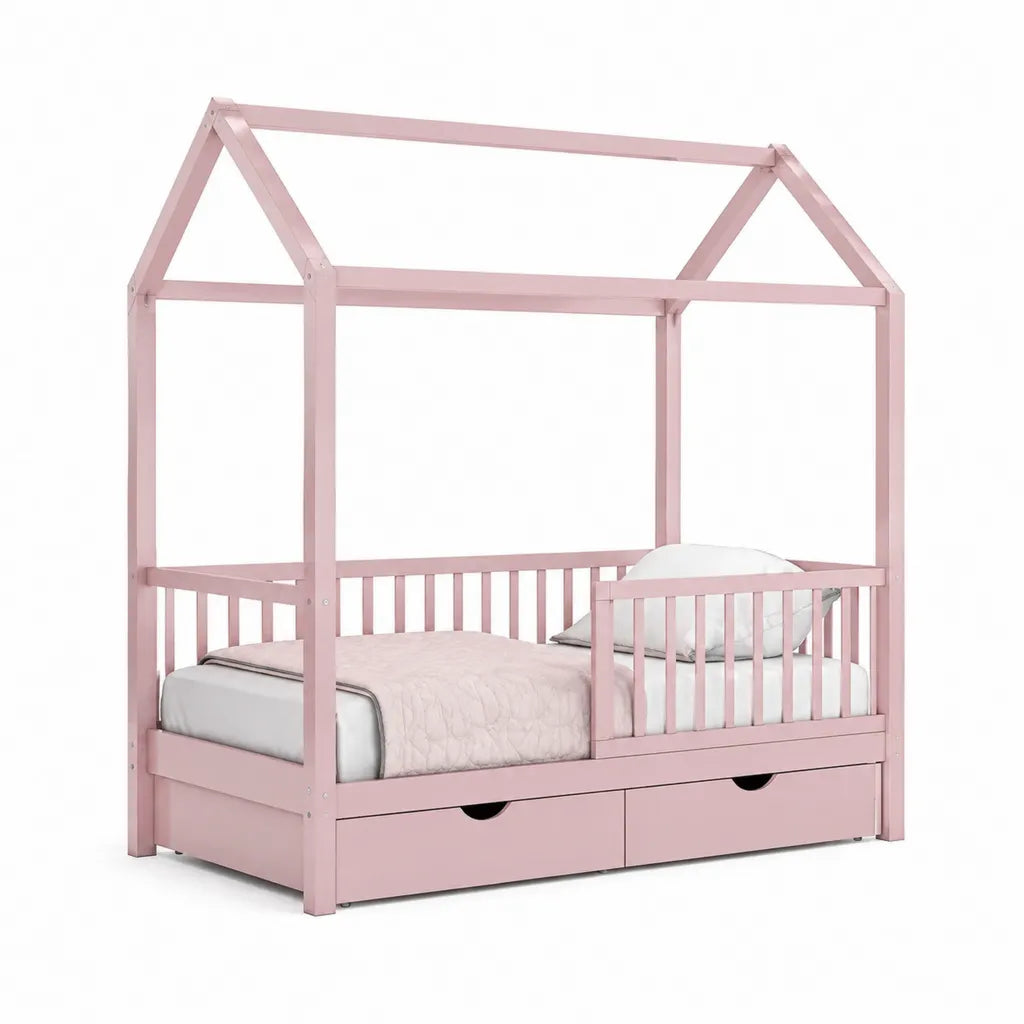 Kinderhausbett 90 x 200 cm aus massivem Kiefernholz Rosa mit 2 Schubladen